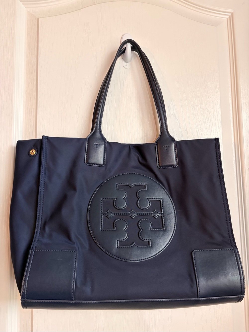 Tory Burch Navy Logo Tote with Leather Trim